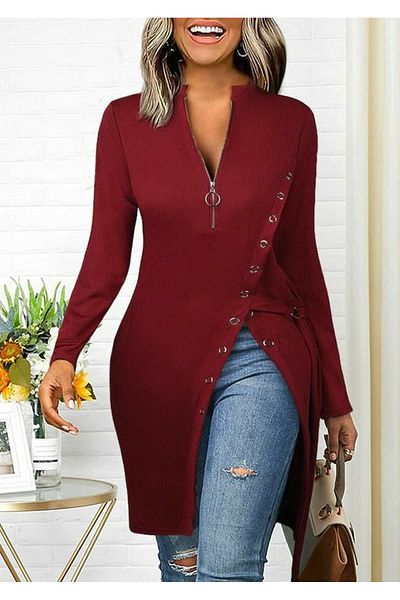İpeksi Silky Women's Long Sleeve Zipper Side Slit Snap Button Detail Ribbed Camisole Dress