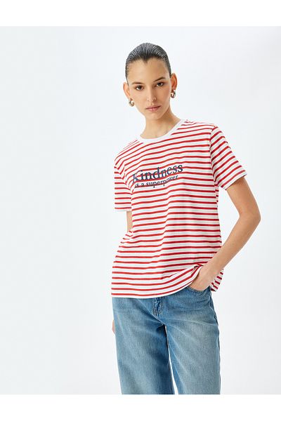 Koton Red Striped Women's T-Shirt - 5Sak50138Ek