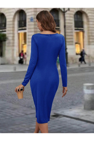 Viyamo Kadın Uzun Kollu Bisiklet Yaka Fermuar Detaylı Yırtmaçlı Midi Krep Elbise