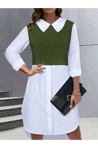 mazıdağı Women's Long Sleeve Shirt Collar Double Color Tricotine Dress