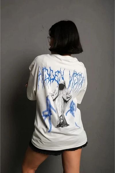 JANES Λευκό μπλουζάκι Unisex Oversize με στάμπα με λαιμόκοψη