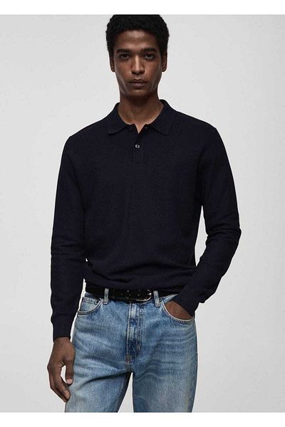 MANGO Man Microstructure Cotton Knitwear Polo Sweater