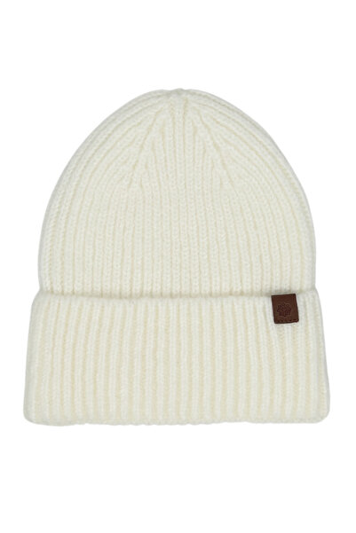 Sofist İstanbul Ecru Unisex Beanie Ecru Leather Label Detailed Soft Wash Wool and Folded Knitted Beanie