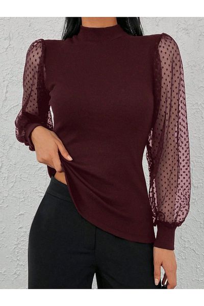 İpeksi Silky Women's Long Sleeve Tulle Detail Half Turtleneck Camisole Blouse