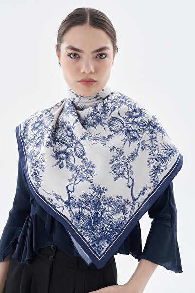 BBDBOUTIQUE Zamansız Zarafet-Mavi Çiçekli Toile De Jouy Desen Eşarp
