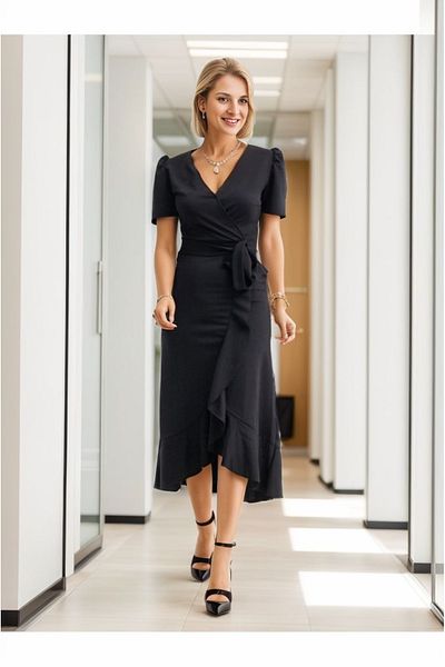 İpeksi Silky Women's Double Breasted Collar Midi Length Belted Crepe Dress 120 cm