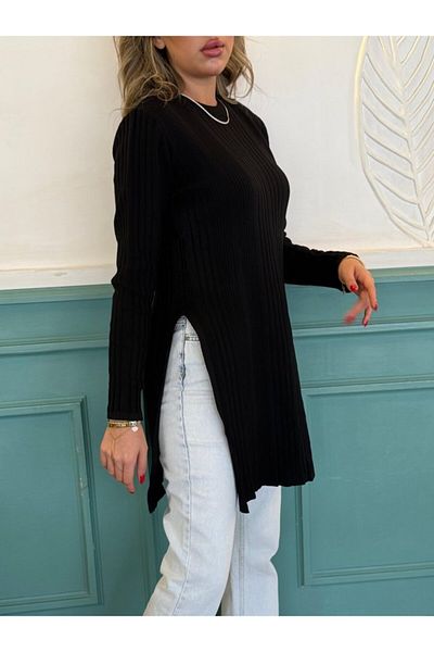 Bay Şapkacı Silky Women's Long Sleeve Crew Neck Two Side Slit Detail Knitwear Blouse