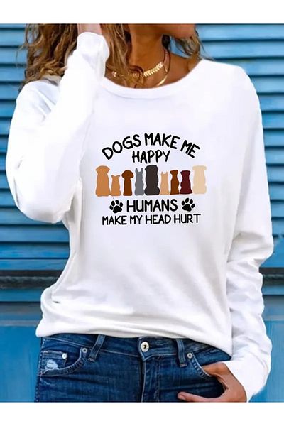 fh fashionhere Women's Long Sleeve Crew Neck Dog Picture Viscose Blouse