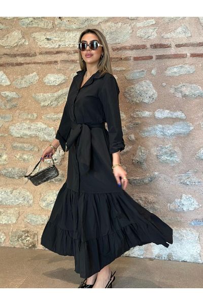 İpeksi Silky Women's Long Sleeve Skirt Ruffled Waist Belted Tricot Full Length Shirt Dress