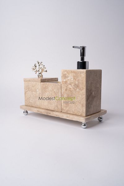 Modestmar طقم حمام مربع من ترافرتين مكون من 3 قطع - مع إكسسوارات فضية ومرجانية