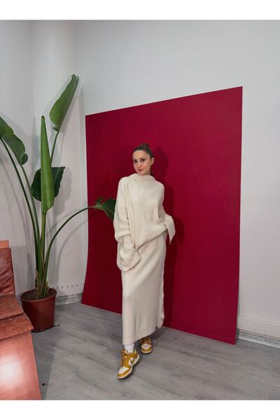 Paraf style Women's Stand Collar Knitwear Sweater - Maxi Skirt Set of 2