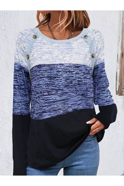 REKA MODA Women's Long Sleeve Round Neck Printed Button Detail Single Jersey Blouse