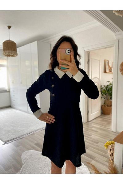 İpeksi Silky Women's Long Sleeve Collared A-Line Short Imported Crepe Dress