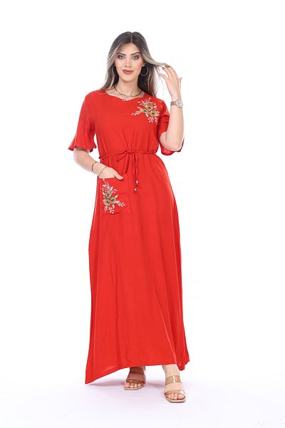 mervemoda Γυναικείο κοντομάνικο κέντημα λεπτομερές καλοκαιρινό μακρύ φόρεμα