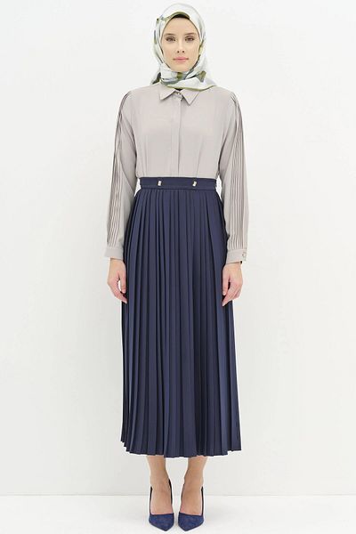 Tuğba Pleated Skirt with Metal Accessories - Navy Blue