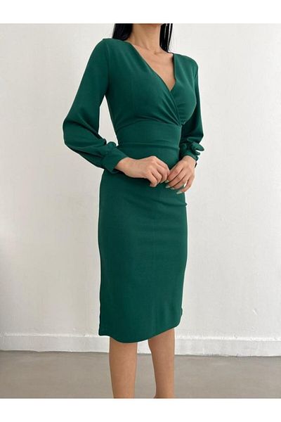 MODAVERA Women's Double Breasted Collar Balloon Sleeve Midi Dress