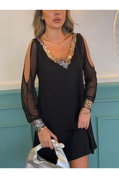 İpeksi Silky Women's Black Long Sleeves Tulle Short Crepe Dress with Slit V-Neck