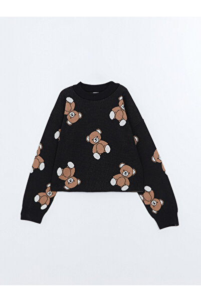 LC Waikiki Black Crew Neck Bear Teddy Patterned Girls' Knitwear Sweater