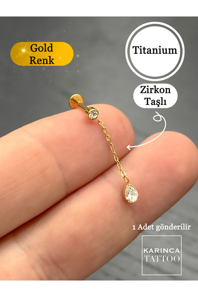 Karınca Piercing Sallantılı Zincir Damla Taşlı Titanyum Piercing Kulak Küpesi Earcuff Conch Flat Forward Helix Tragus