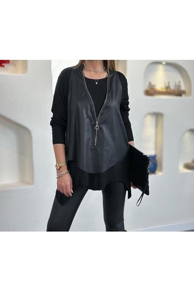 Kokosh moda Women's Long Sleeve Asymmetrical Cut Viscose Blouse and Cracked Leather Look Zipper Detailed Mesh