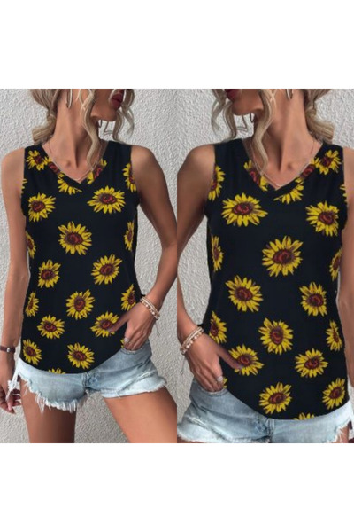 Kokosh moda Γυναικεία κρεπ μπλούζα με σχέδιο ηλίανθου - V λαιμόκοψη, αμάνικη