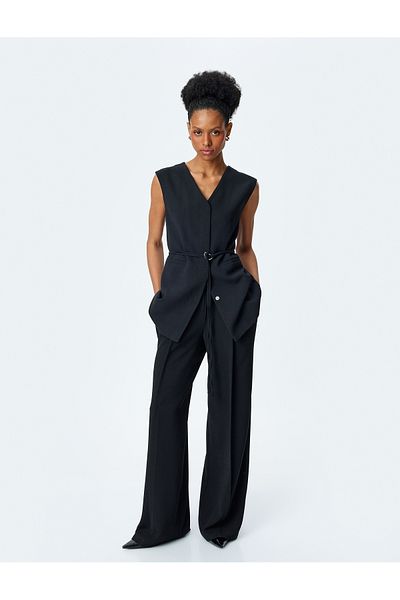 Koton Double Breasted Long Sleeveless Vest with Belt Metal Accessories