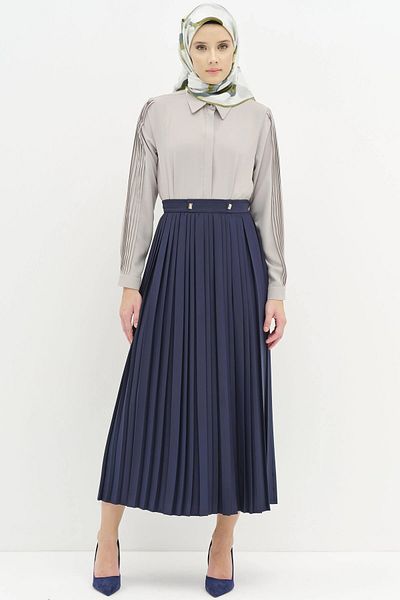 Tuğba Pleated Skirt with Metal Accessories - Navy Blue