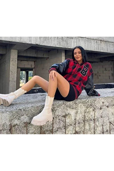 Giyimodam Jachetă de colegiu brodata cu model Gingham - roșu