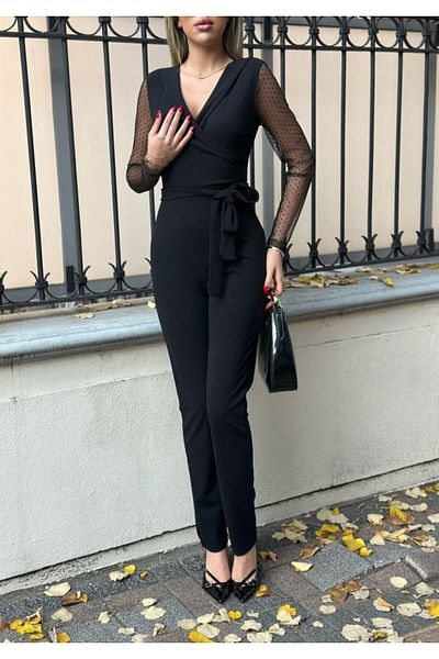 İpeksi Silky Crepe Fabric Sleeve Tulle Point Detailed Belted Jumpsuit 141 cm