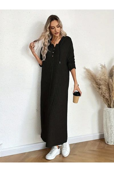 JANES Rochie lungă pentru femei, cu mânecă lungă, cu glugă, cu șireturi