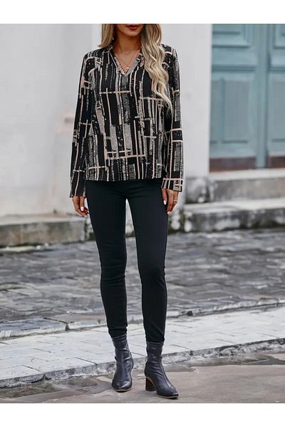 Aemido Women's Long Sleeve V Neck Patterned Diving Blouse