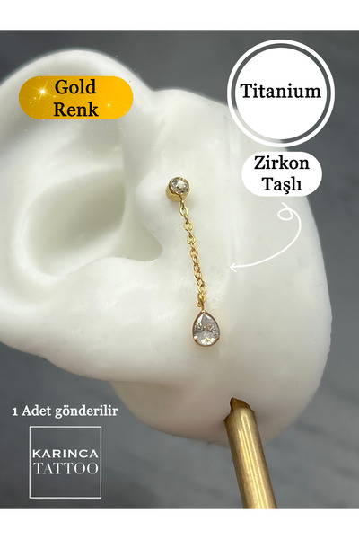 Karınca Piercing Sallantılı Zincir Damla Taşlı Titanyum Piercing Kulak Küpesi Earcuff Conch Flat Forward Helix Tragus