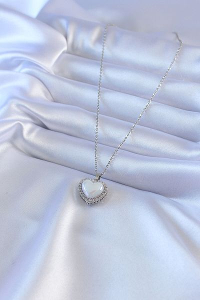 Store 316L Steel Silver Color Pearled Heart Model Zircon Stone Women's Necklace