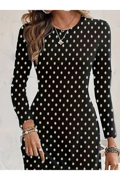 Moda Asmira Women's Long Sleeve Crew Neck Polka Dot Knitted Crepe Midi Dress