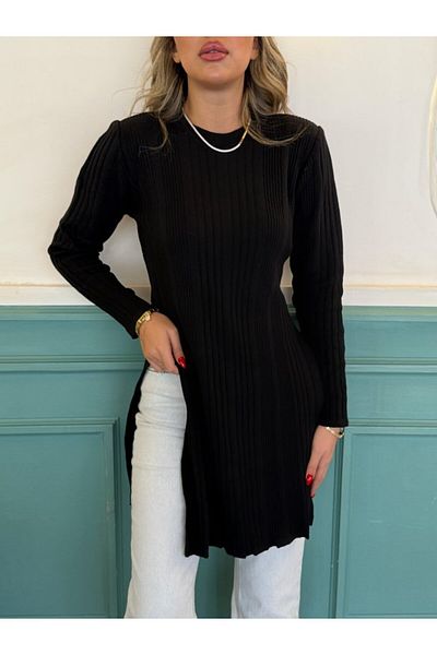 Bay Şapkacı Silky Women's Long Sleeve Crew Neck Two Side Slit Detail Knitwear Blouse