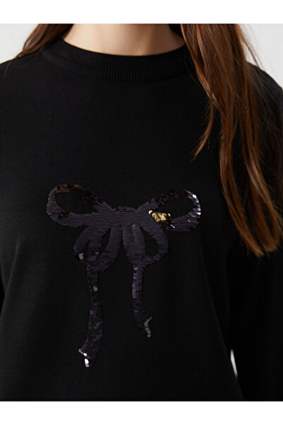 LC Waikiki Black Crew Neck Sequin Embroidered Women's Knitwear Sweater