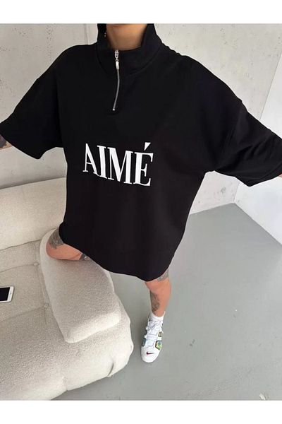 JANES Tricou negru unisex imprimat cu jumătate de fermoar