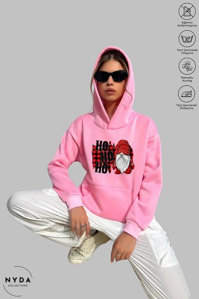 Nyda Collections Πρωτοχρονιάτικο χριστουγεννιάτικο Hohoho printed Unisex φούτερ με κουκούλα oversize
