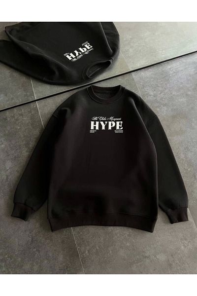 Moda Asmira Three Thread Crew Neck Printed Sweatshirt - Black