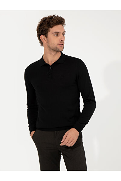 Cacharel Black Slim Fit Polo Neck Basic Knitwear Sweater 50255613-Vr046