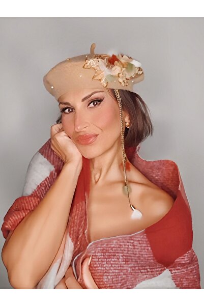 Senbeno Design ÖZGÜN TASARIM TÜY DANTEL VE TAŞ DETAYLI OPSİYONEL ZİNCİR SALLANTILI BEJ KADIN FRANSIZ RESSAM BERESİ