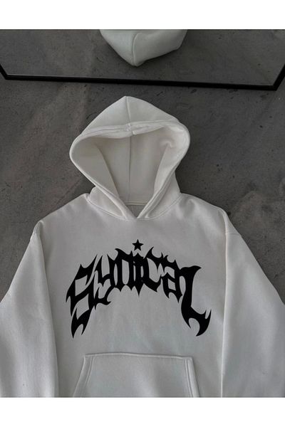 leyla sanat sanata yeni bir bakış açısı Leyla Sanat a New Perspective on Art Three Thread Hooded Printed Oversize Sweatshirt- White