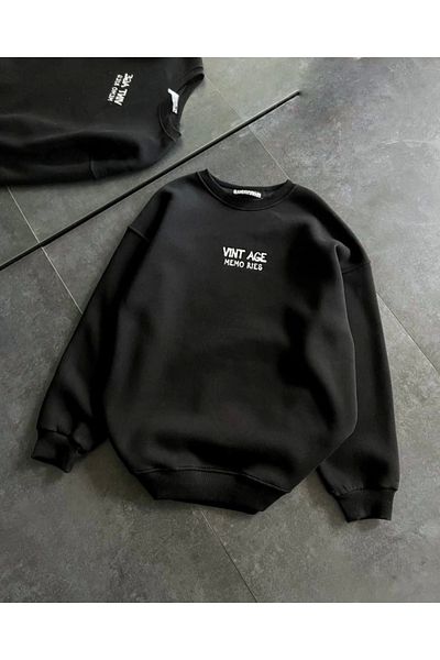 Moda Asmira Crew Neck Three Thread Printed Oversize Sweatshirt - Black