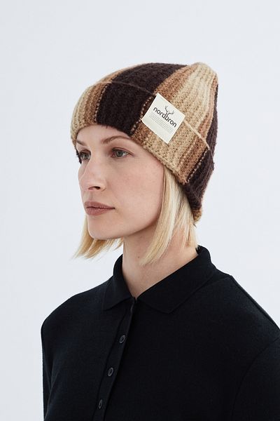 Nordbron Brown Acrylic Winter Knitwear - Stretchy Soft Beanie Logo Color-Blocking Design