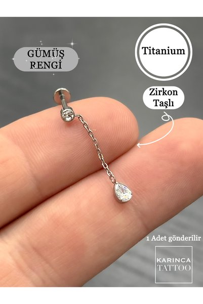 Karınca Piercing Sallantılı Zincir Damla Taşlı Titanyum Piercing Kulak Küpesi Earcuff Conch Flat Forward Helix Tragus