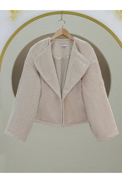 Modamorfo Cream Colored Shawl Collar Lined Boucle Jacket - Pockets