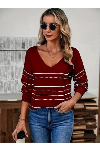 REKA MODA Women's Long Sleeve Deep V Neckline Line Print Knitwear Blouse
