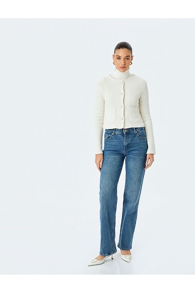 Koton Long Sleeve Pearl Button Pocket Crew Neck Cardigan