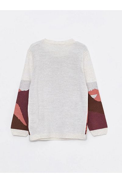 LC Waikiki Lcw Kids Ecru Crew Neck Patterned Long Sleeve Girl's Knitwear Sweater
