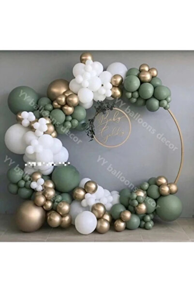 BALON DİYARI 50 Adet Balon Zincir Seti (Küf Yeşili, Beyaz Ve Krom Gold)